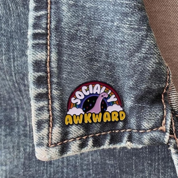 “Socially Awkward” Rainbow Dinosaur Enamel Pin Cute Funny - Picture 2 of 5